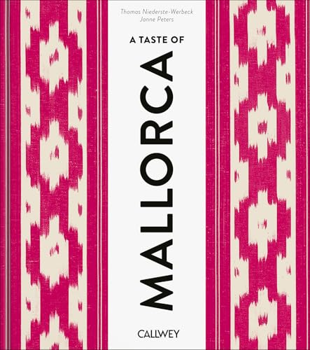 Book cover with pink and cream ikat pattern and central white stripe titled Mallorca.