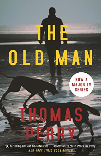 Book cover: silhouetted man, dogs, and beach with bold yellow title text.