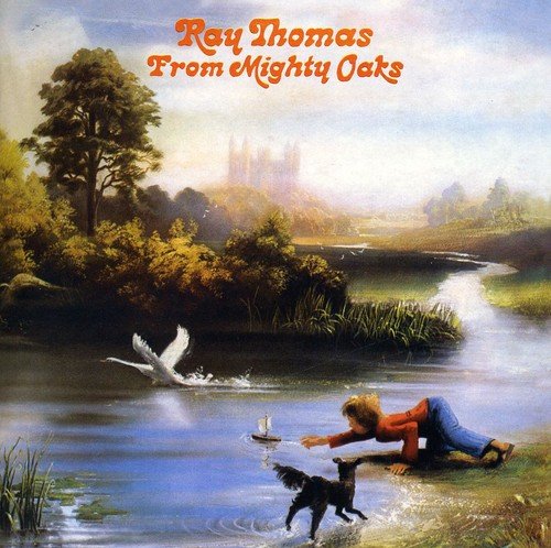 "Album cover art: boy and dog by a river, with a swan and castle."