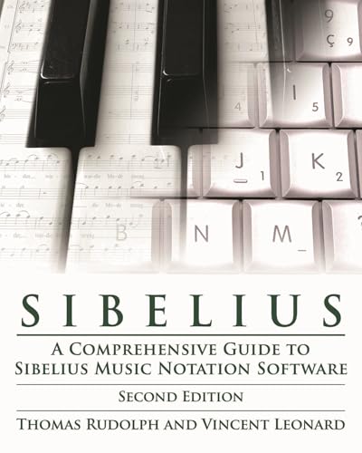 Book cover for "Sibelius" guide with piano keys and keyboard keys.