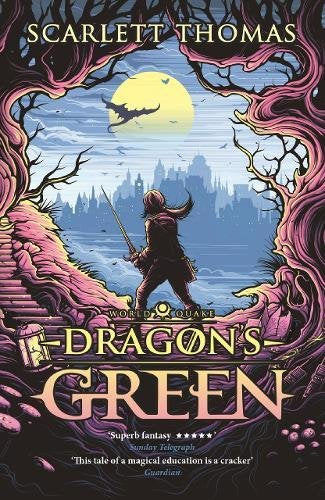 Book cover: figure with sword, dragon flying over a city landscape.