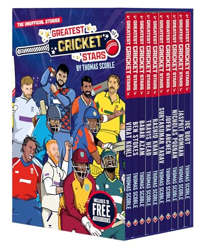 Ten illustrated books about famous cricket players stacked together.