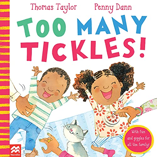Book cover: two laughing children tickling each other, with a cat.