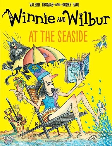 Winnie and Wilbur book cover: woman, cat, beach umbrella, and seaside items.