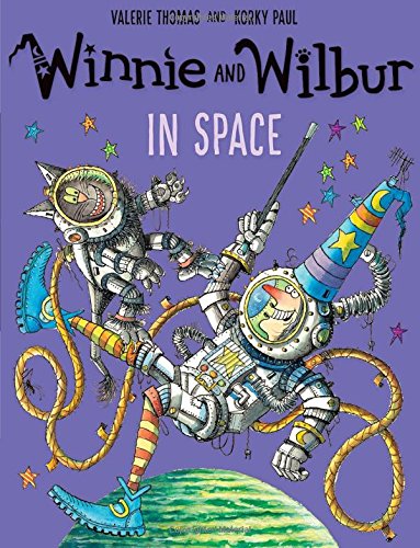 Winnie the witch and Wilbur the cat in spacesuits float in space.