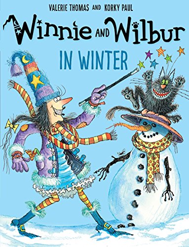 Winnie the witch with her cat Wilbur and a snowman on a blue background.