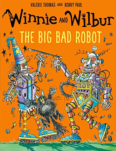 Winnie, Wilbur, and a robot with a black cat on an orange background.