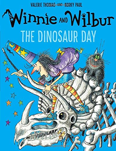 Winnie the witch and her cat Wilbur riding a dinosaur skeleton on blue background.
