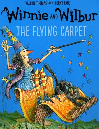 Winnie and Wilbur fly on a patterned, orange carpet with stars.