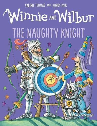 Winnie, Wilbur, a knight, and a cat stand before a target.