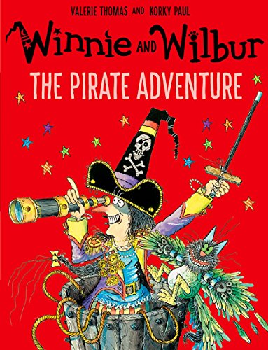 Winnie the witch and her cat Wilbur dressed as pirates on a red background.