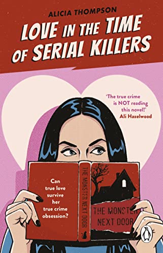 Book cover showing a woman holding a red book titled The Monster Next Door.