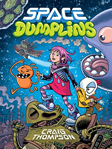 Book cover featuring a girl, alien creatures, and a spaceship in space.