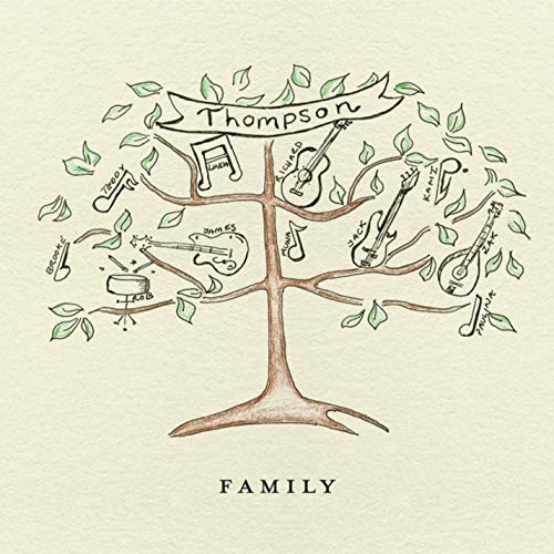 Hand-drawn tree with musical instruments and names, album cover for "Thompson - Family".