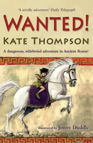 Book cover: "Wanted!" with a girl riding a white horse in Rome.