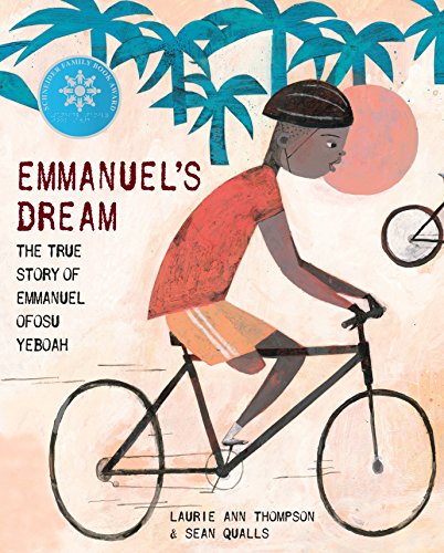 A boy with one leg rides a bicycle in this illustrated children's book cover.