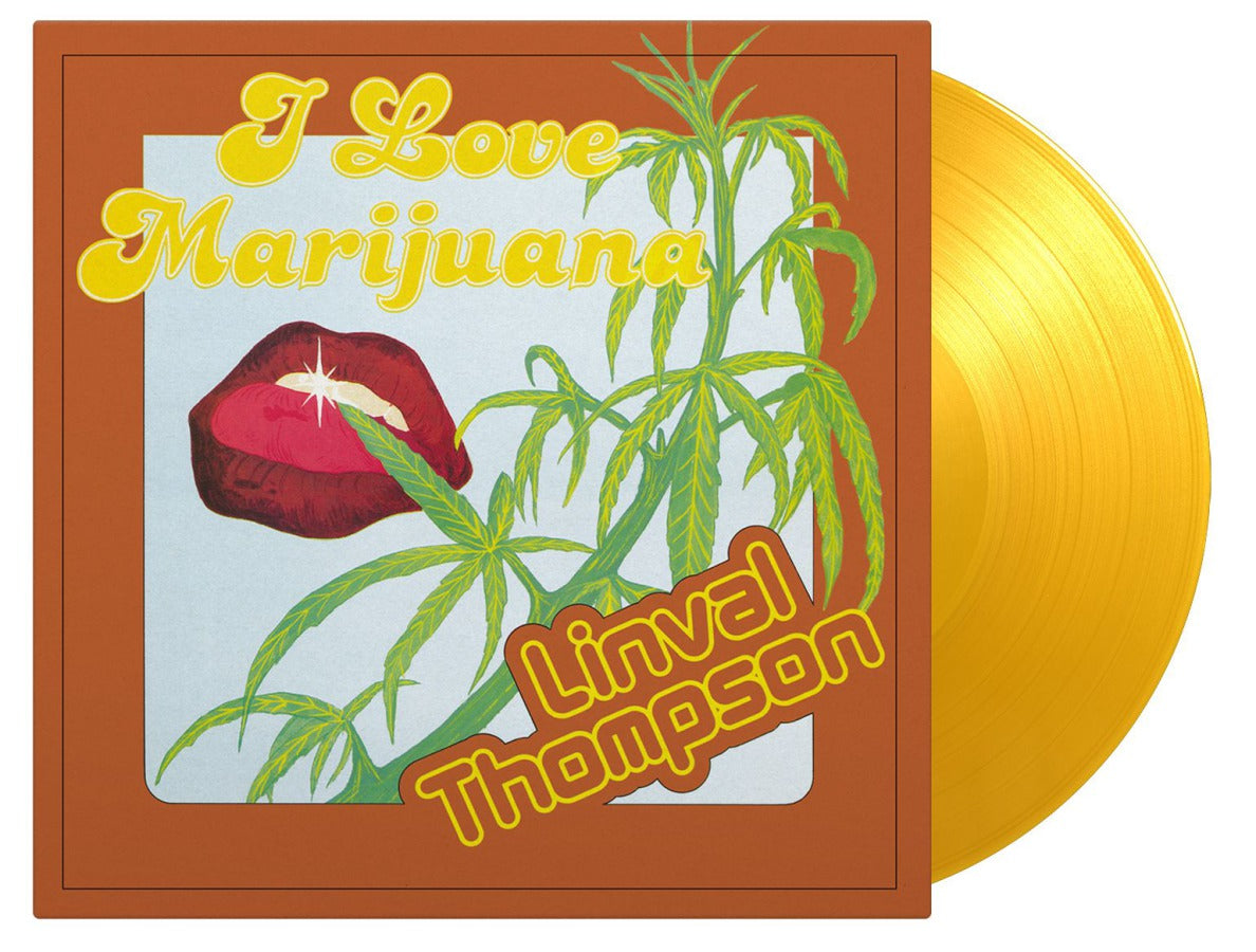 Yellow vinyl record with lips, cannabis leaves, and text artwork.