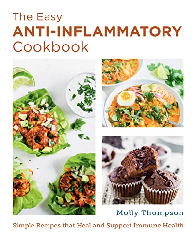 Book cover titled The Easy Anti-Inflammatory Cookbook featuring photos of lettuce wraps and muffins.