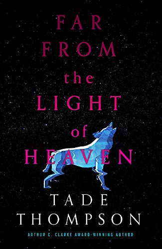 Book cover with a blue, glitch-effect wolf howling against a black, starry space background.