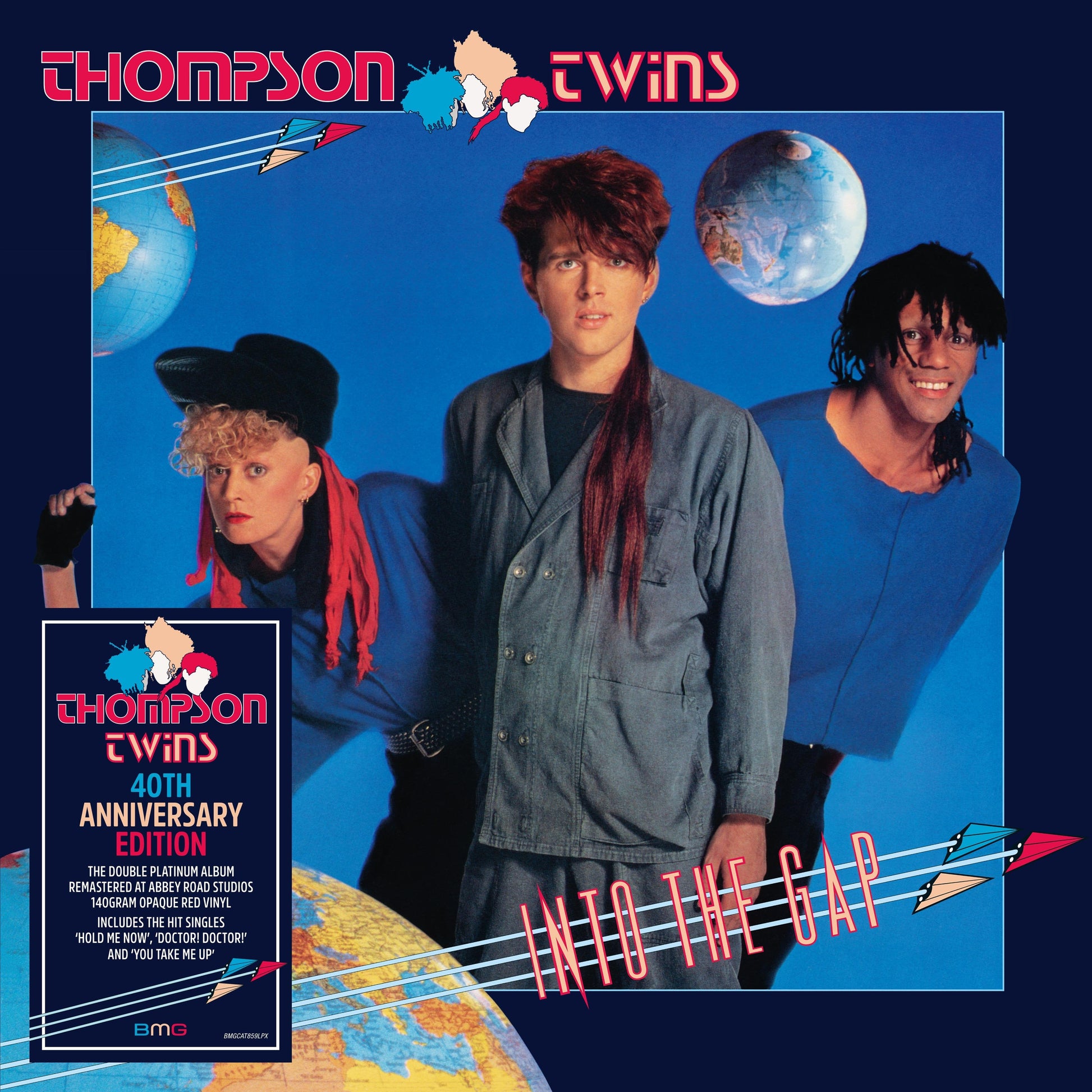 Red album cover for Thompson Twins’ “Into the Gap” featuring the band members.