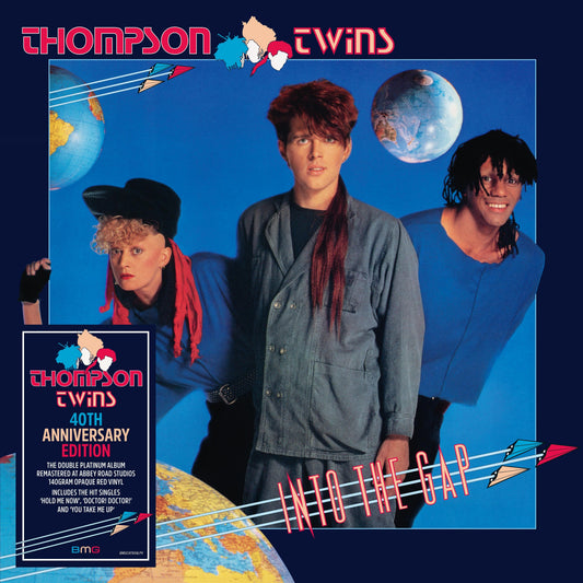 Red album cover for Thompson Twins’ “Into the Gap” featuring the band members.