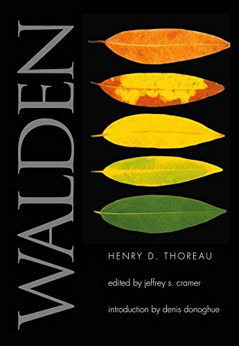 Book cover featuring the title Walden and five leaves transitioning from green to orange.