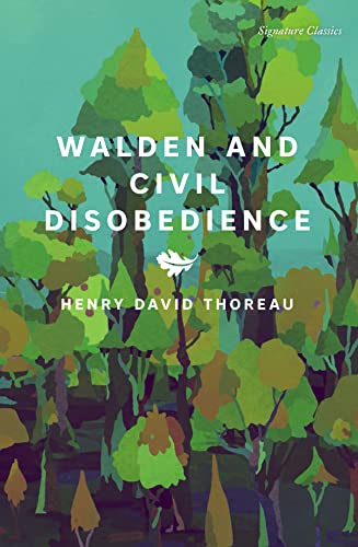 Book cover with stylized forest illustration and text Walden and Civil Disobedience by Thoreau.