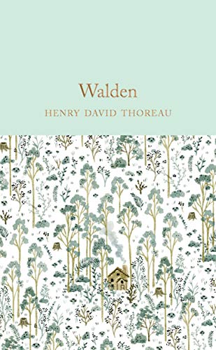 Book cover for "Walden" with a forest and small cabin illustration.