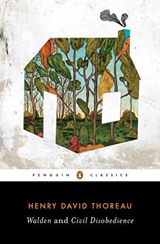 Book cover for “Walden and Civil Disobedience” with a house-shaped forest illustration.