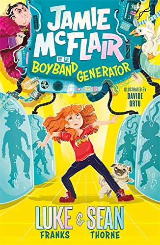 Book cover: red-haired girl facing boyband silhouettes and a machine.