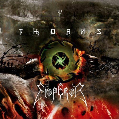 "Album cover with 'Thorns Vs Emperor' text, abstract green, red, and black design."