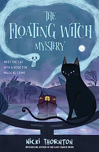 Book cover: black cat, ghostly figure, and a house by water.
