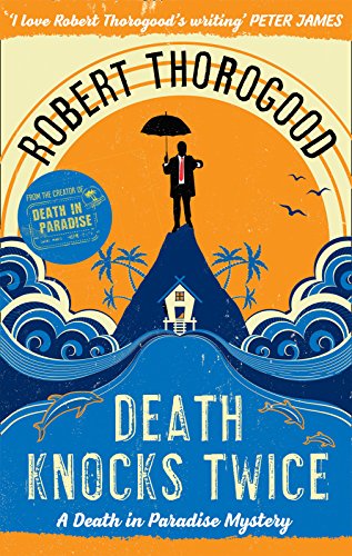 Book cover showing a silhouetted man with an umbrella atop a tropical island peak.