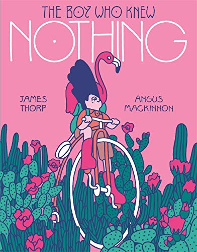 Book cover: boy on unicycle with flamingo, cacti background.