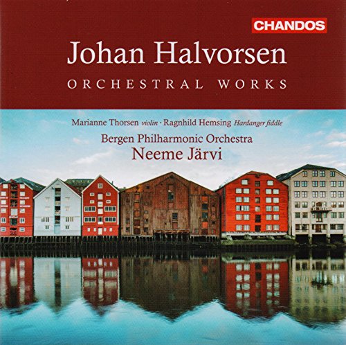 CD cover for Johan Halvorsen orchestral works with colorful buildings.