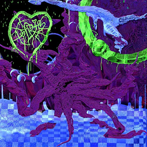 Abstract digital art featuring a neon green heart, purple tentacles, and blue checkered patterns.