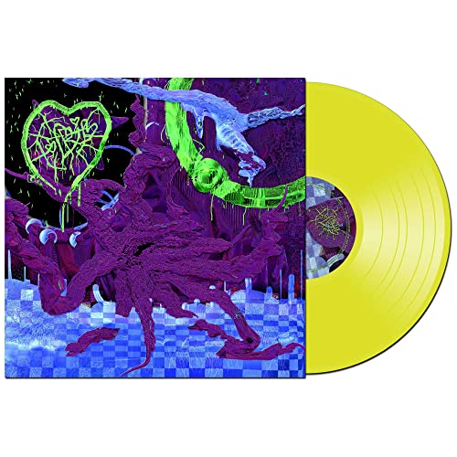 Yellow vinyl record with colorful, distorted abstract art album cover.