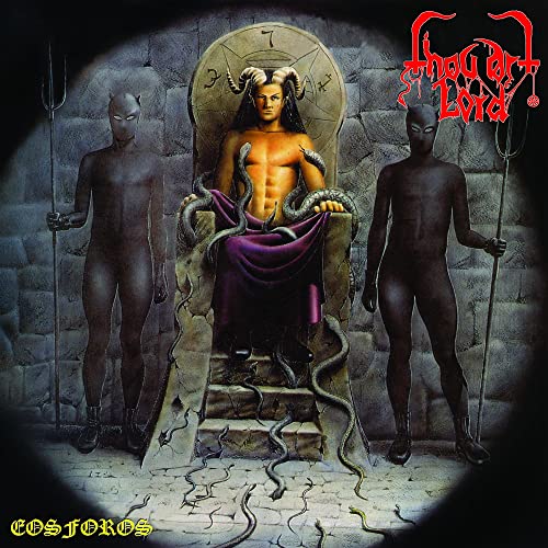A horned figure sits on a throne flanked by two black-masked figures holding tridents.