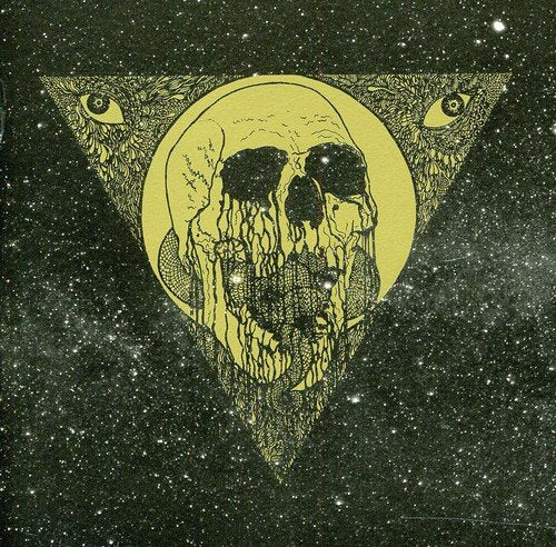 A dark green album cover featuring a yellow triangle with a skull and eyes.