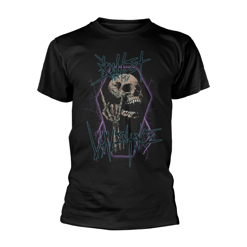 Black t-shirt with a skull and lightning bolt graphic in purple.