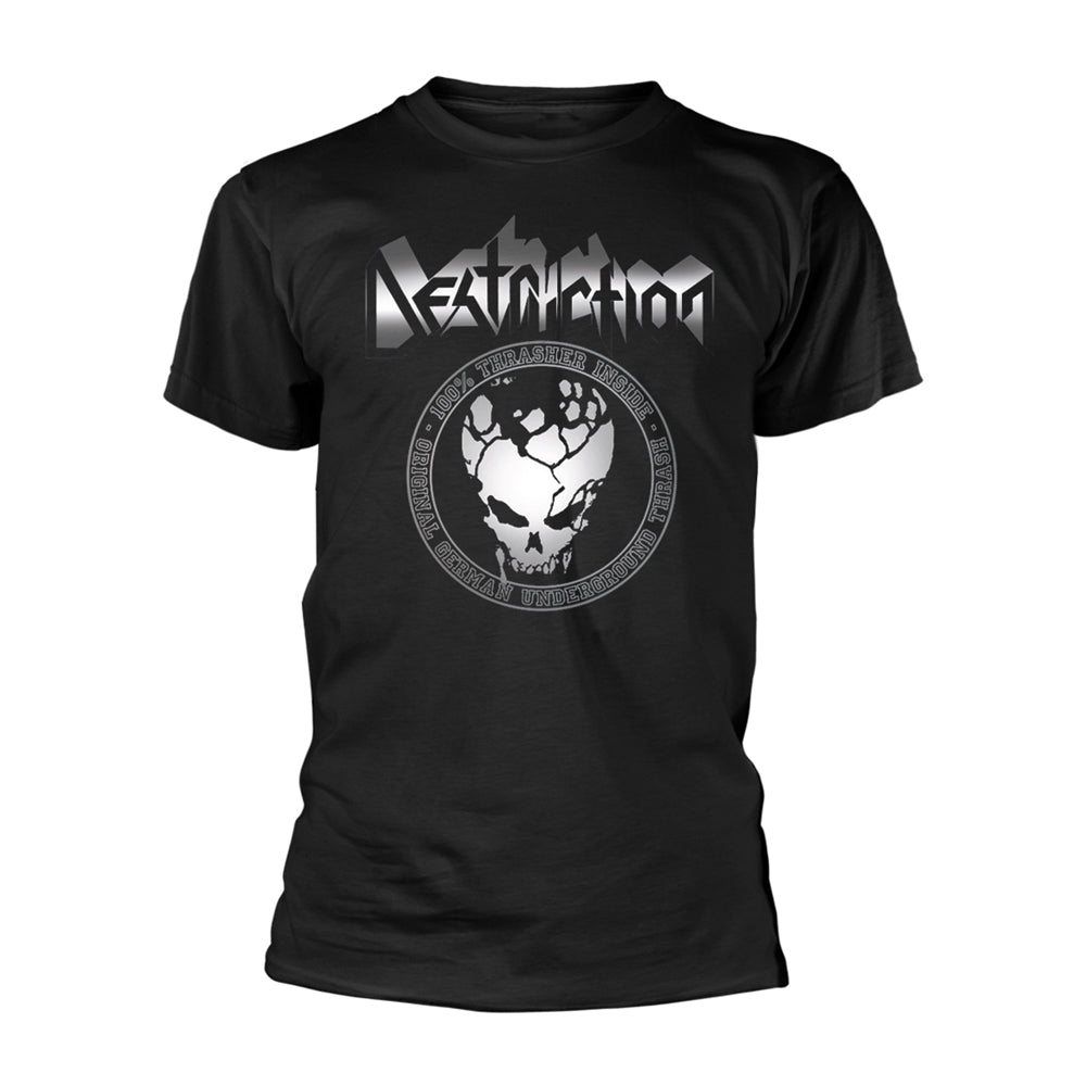 Black t-shirt with a white skull graphic and "Destruction" text.