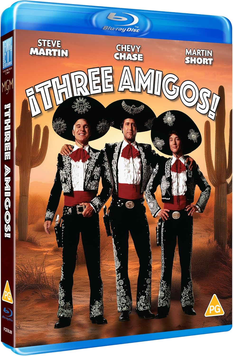 Three Amigos!" Blu-ray cover featuring Steve Martin, Chevy Chase, and Martin Short.