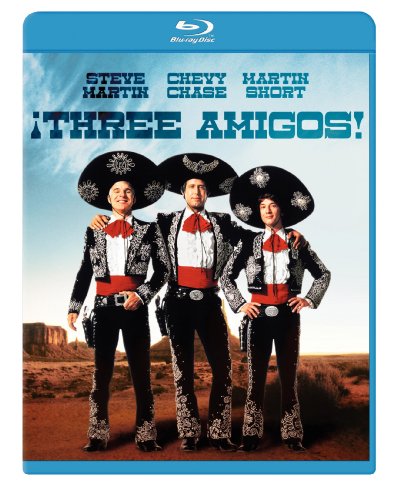Three Amigos" Blu-ray cover featuring Steve Martin, Chevy Chase, and Martin Short in mariachi outfits.