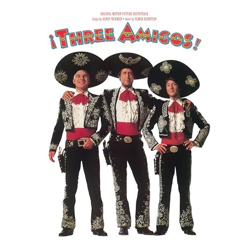 Three men in ornate mariachi outfits pose for the "Three Amigos!" album cover.