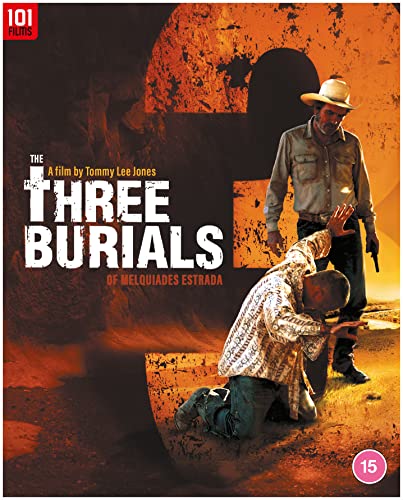 Blu-ray cover for "The Three Burials," showing two men in a desert landscape.