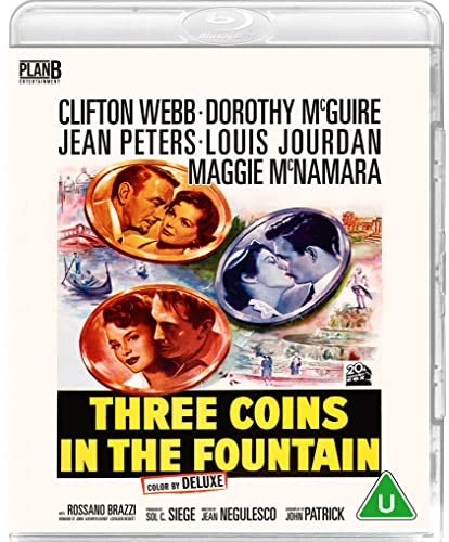 Blu-ray cover for "Three Coins in the Fountain" with romantic portraits.