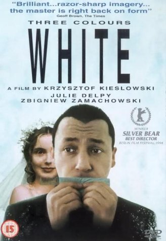 DVD cover for “Three Colours White” featuring a man with a gag.