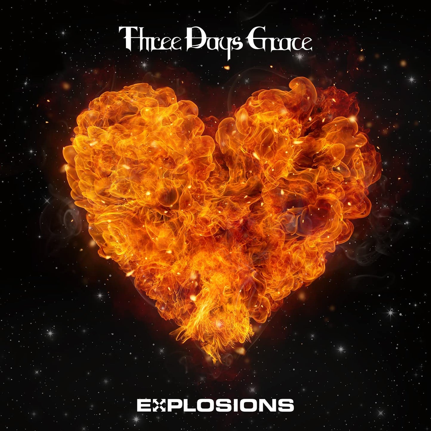 Explosions" album cover: fiery heart shape against a starry black background.