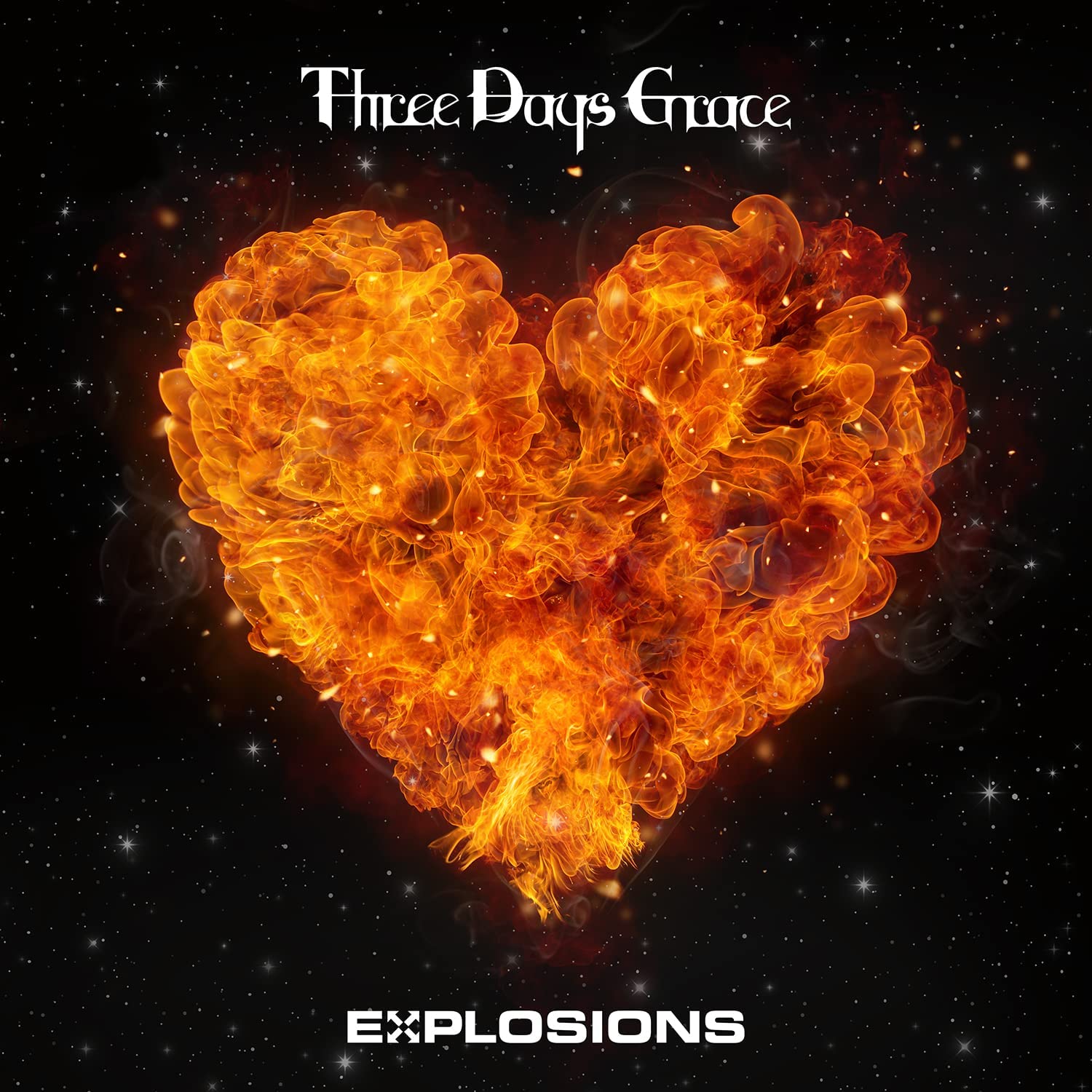 Explosions" album cover: fiery heart shape against a starry black background.