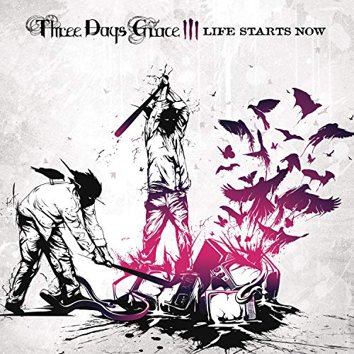 Three Days Grace album cover: figures smashing electronics, birds flying.